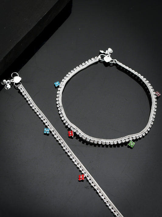 Silver Plated White Stone Studded Anklets for Women Online