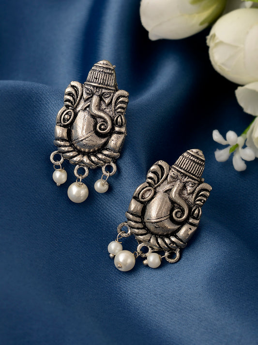 Silver Plated Oxidised Ganesh Handcrafted Stud Earrings for Women Online