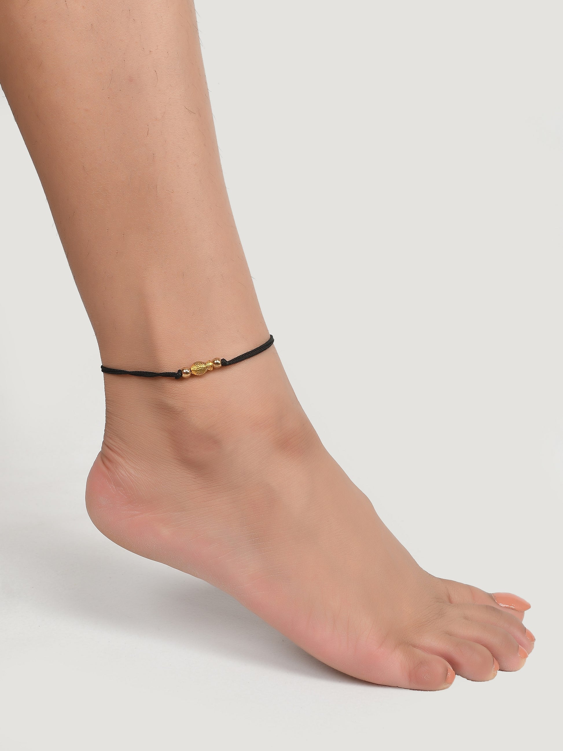 Gold Fish Charm Beads Black Thread Anklet