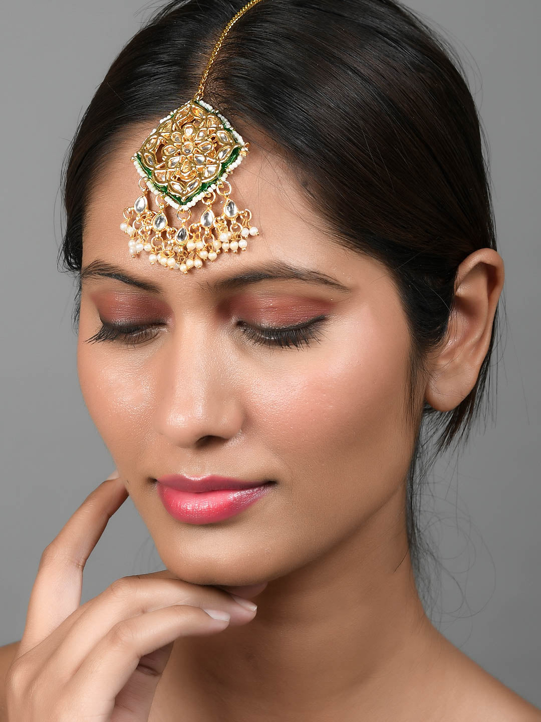 Gold Plated Pearl Kundan Mangtikka - Head Jewellery for Women Online
