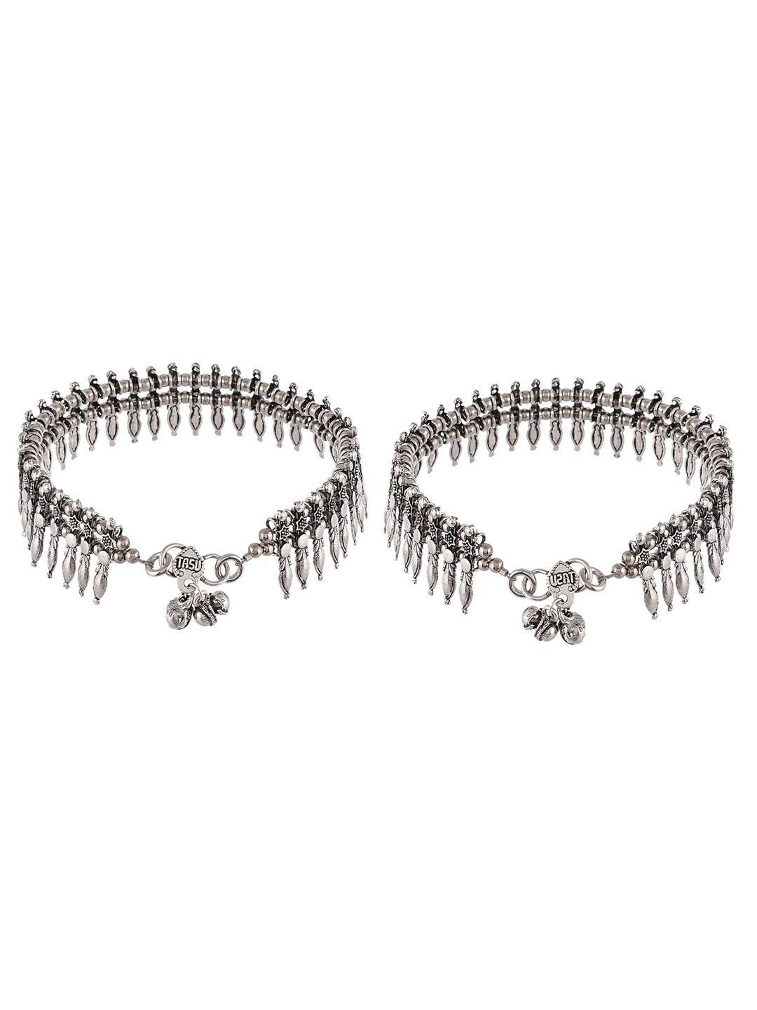 Silver Toned Set Of 2 Bridal Oxidised Silver Plated Anklet