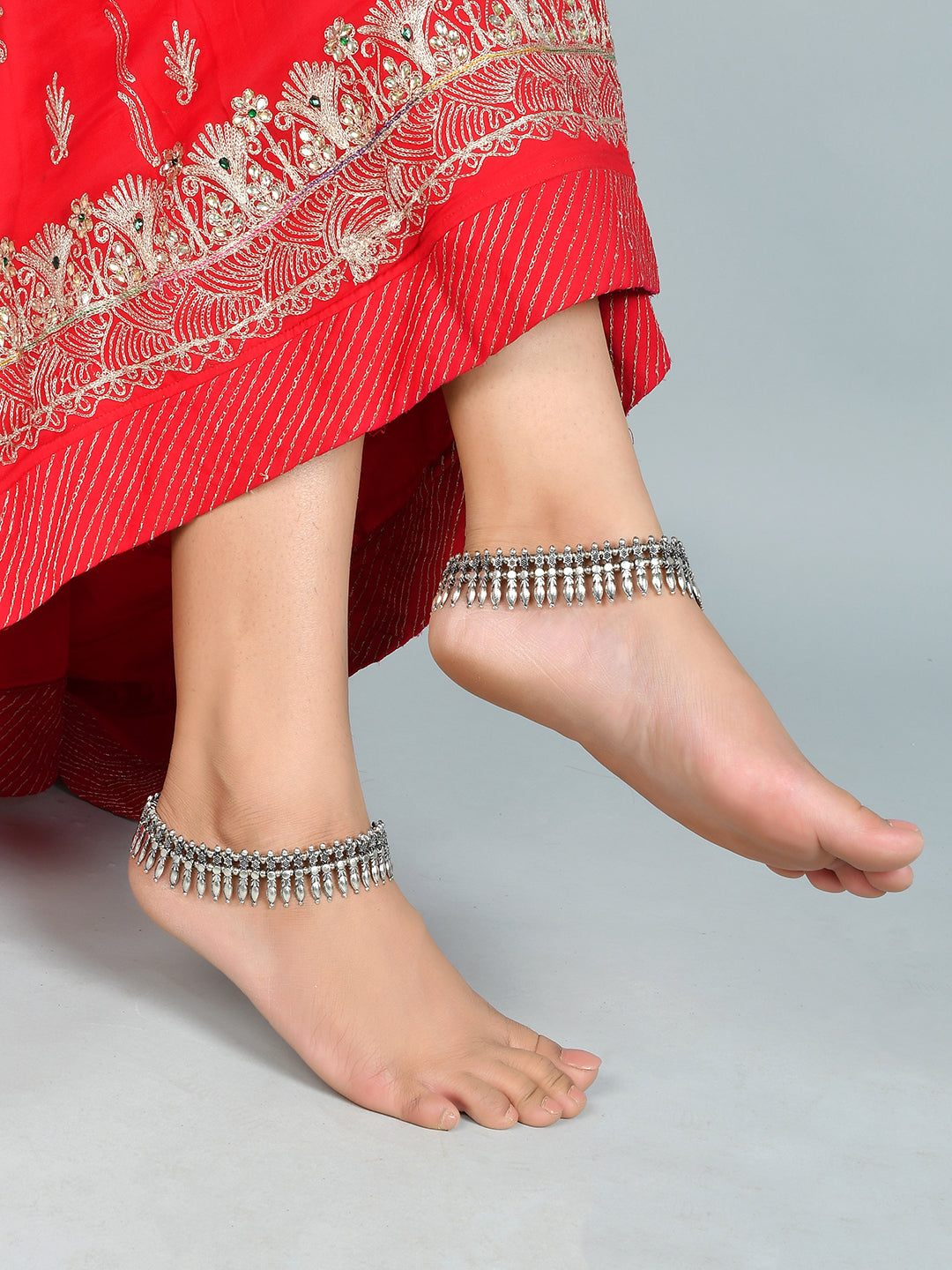 Silver Toned Set Of 2 Bridal Oxidised Silver Plated Anklet