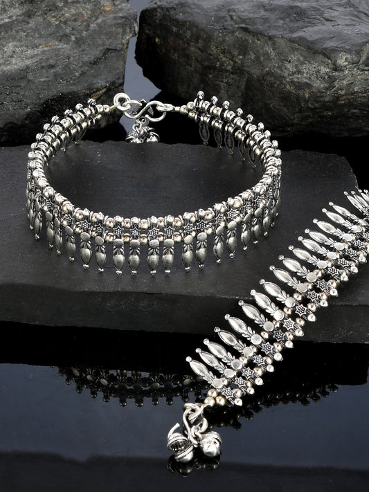 Silver Toned Set of 2 Bridal Oxidised Silver Plated Anklets for Women Online