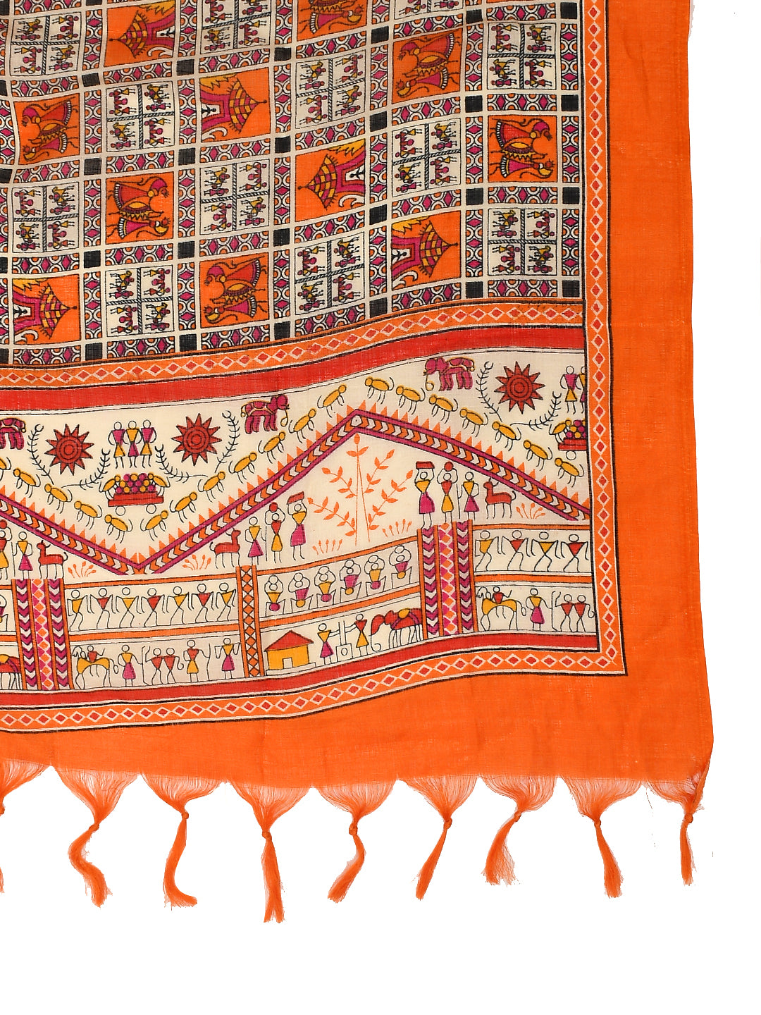 Kesarya Orange White Kalamkari Patola Printed Dupatta