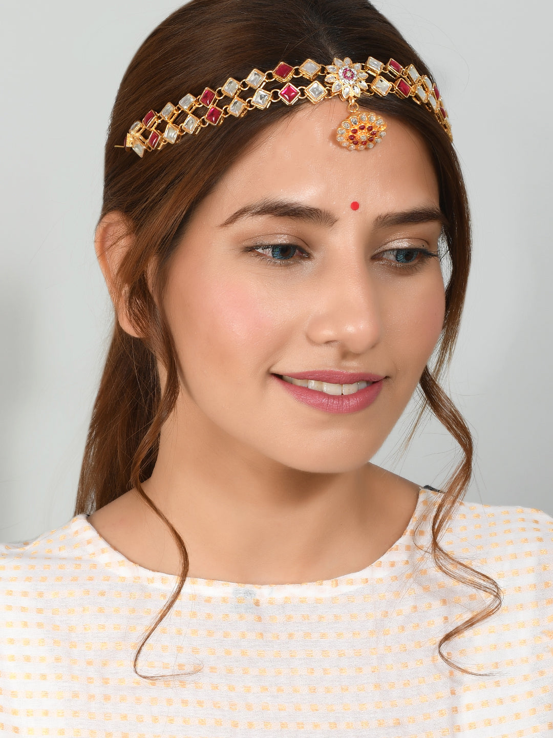 Gold Plated Kundan mathapatti with Borla llerysheeshpool Head jewellery