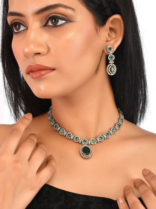 Silver Plated Emerald Green Stone Stubbed Ad jewellery set