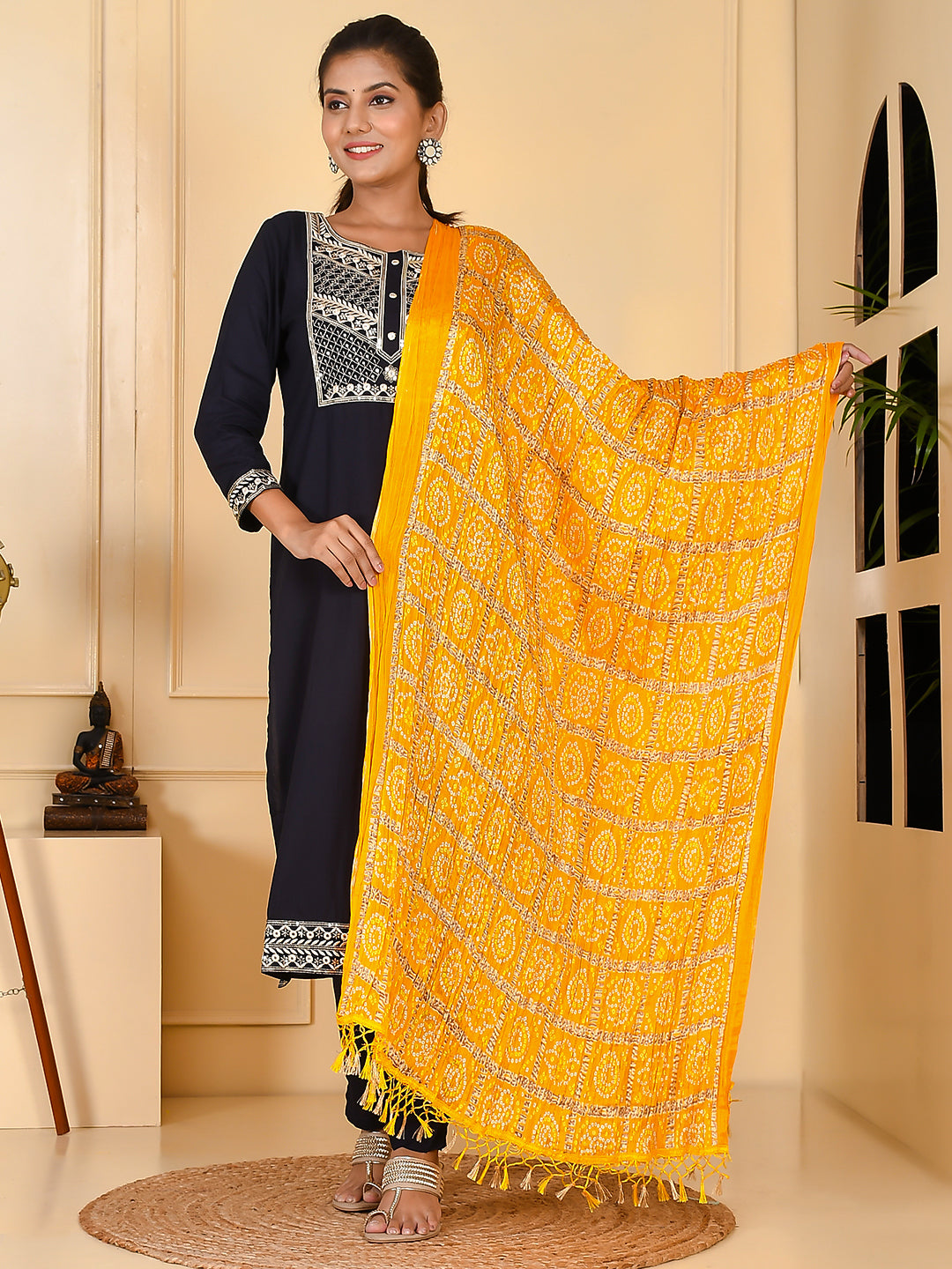 Vibrant Yellow Ghatchola Bandhani Crushed Silk Dupatta With Tassels Online