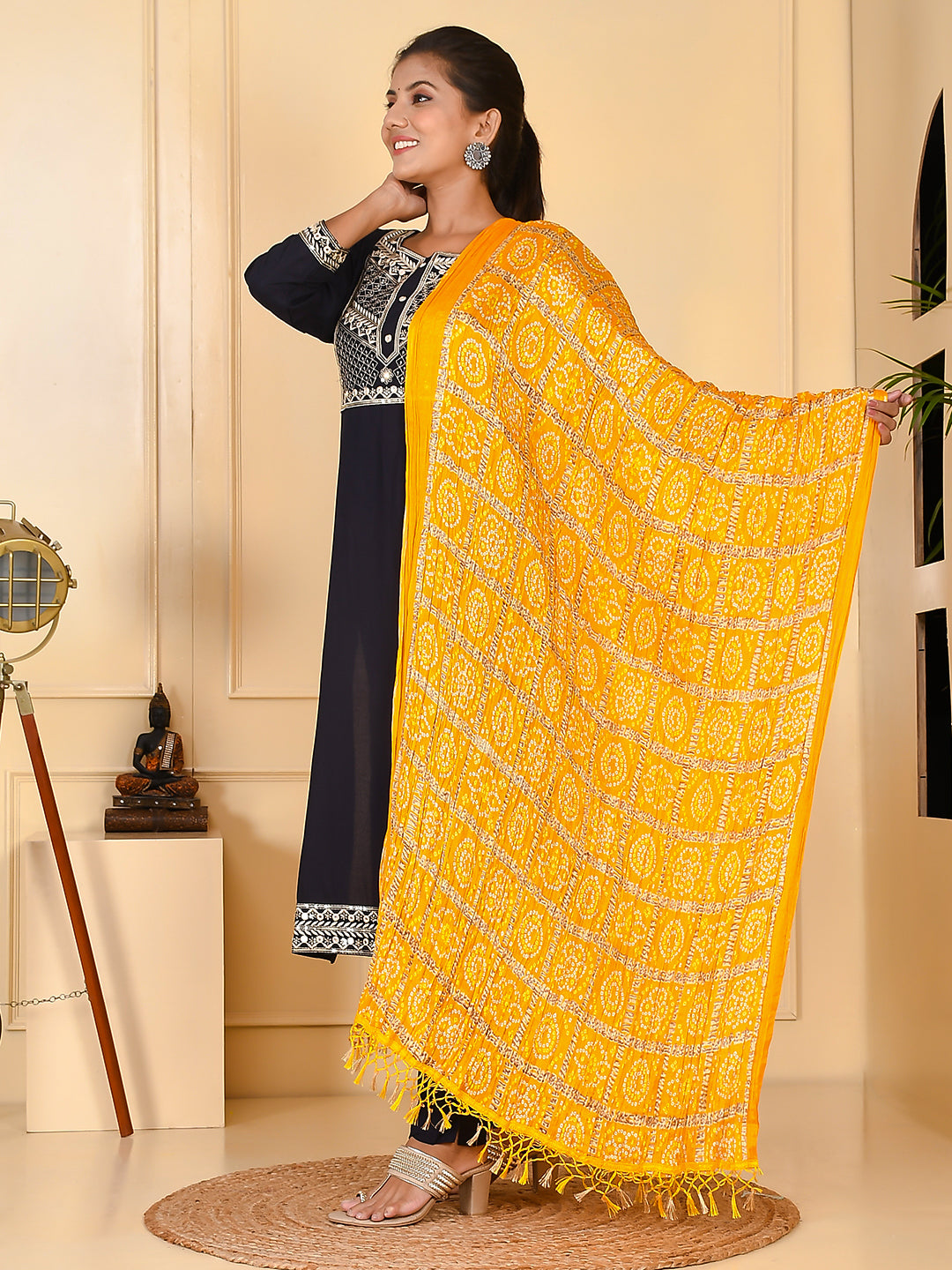 Vibrant Yellow Ghatchola Bandhani Crushed Silk Dupatta With Tassels