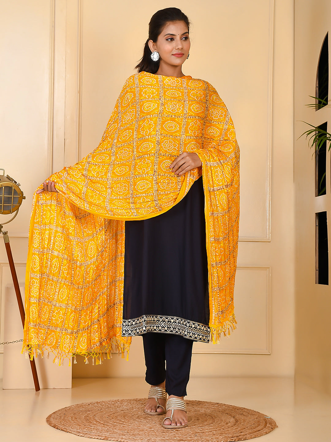 Vibrant Yellow Ghatchola Bandhani Crushed Silk Dupatta With Tassels