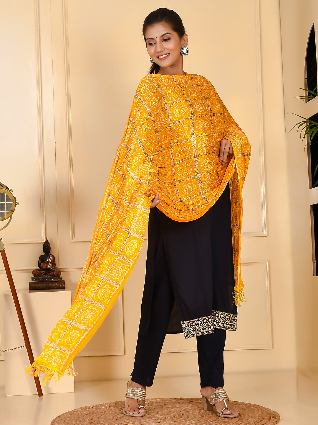 Vibrant Yellow Ghatchola Bandhani Crushed Silk Dupatta With Tassels