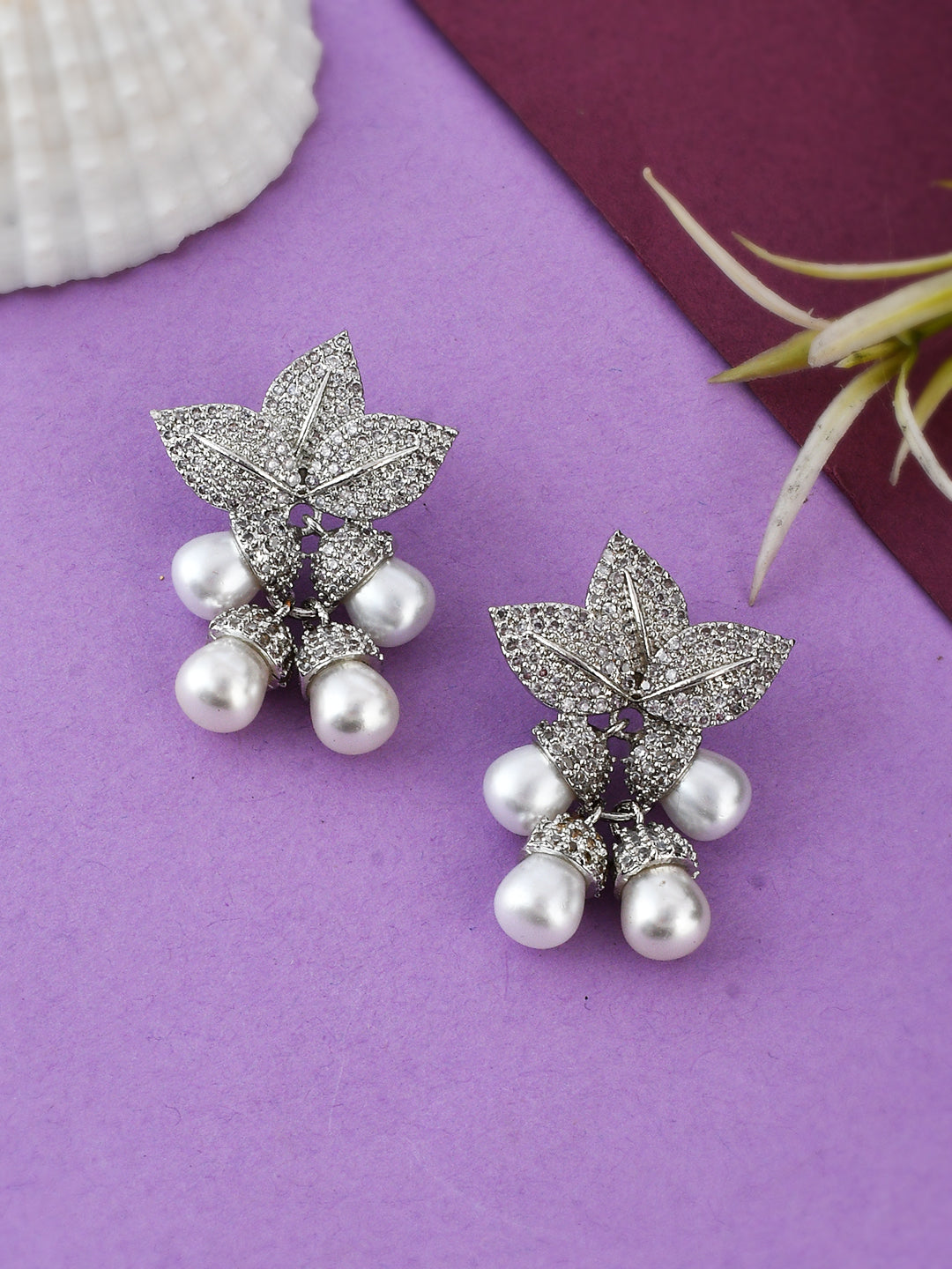 Silver American Diamond Mini Leaf Stud Earrings