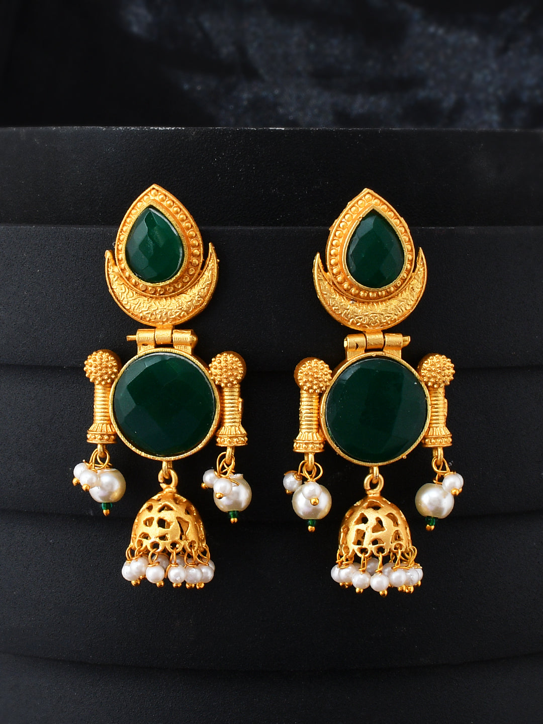 DUGRISTYLE Gold-Plated Green Stones & Kundan Studded Jhumkas Earrings -  Absolutely Desi