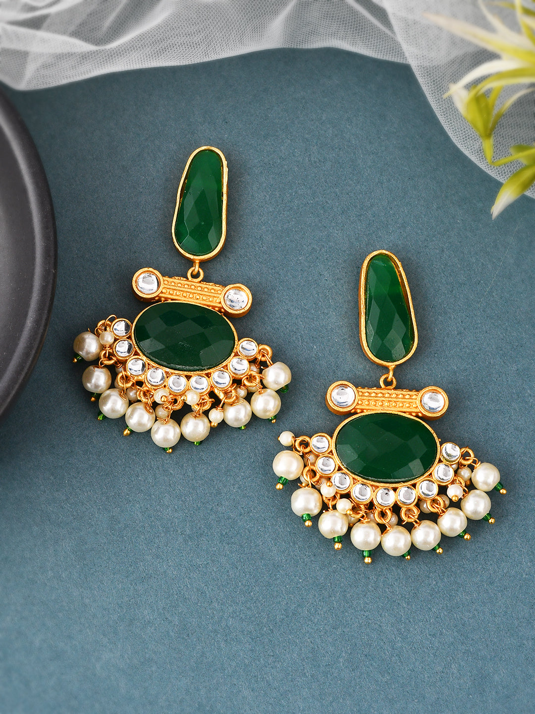 Gold Plated Green Pearl Chandbali Earrings