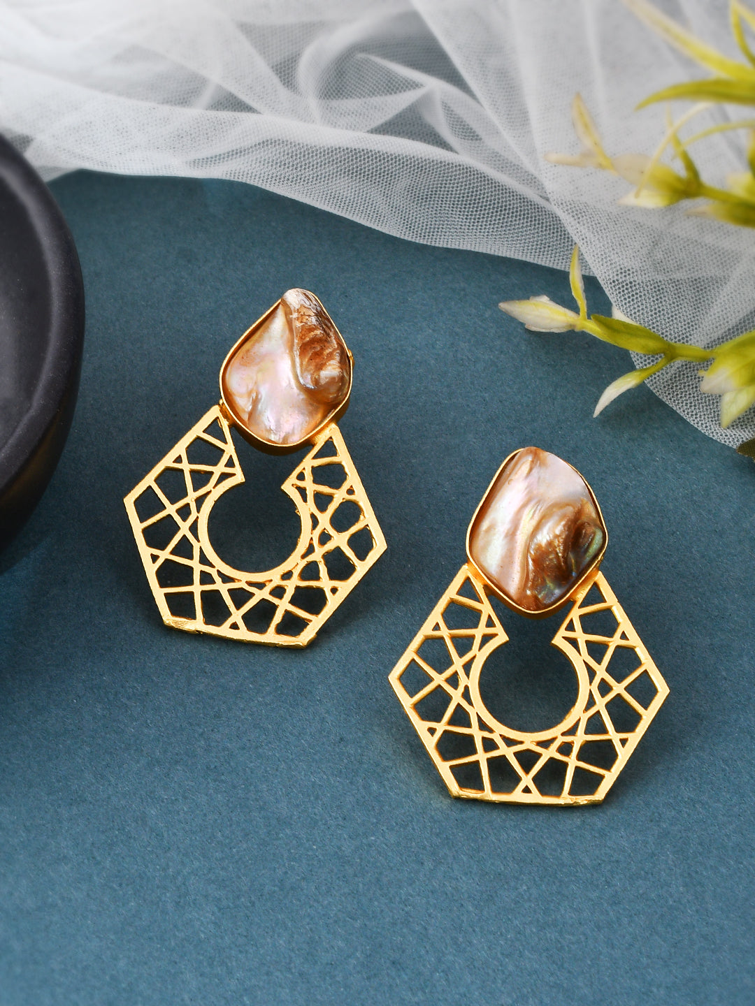 Gold Plated Mother of Pearl Cut Work earrings