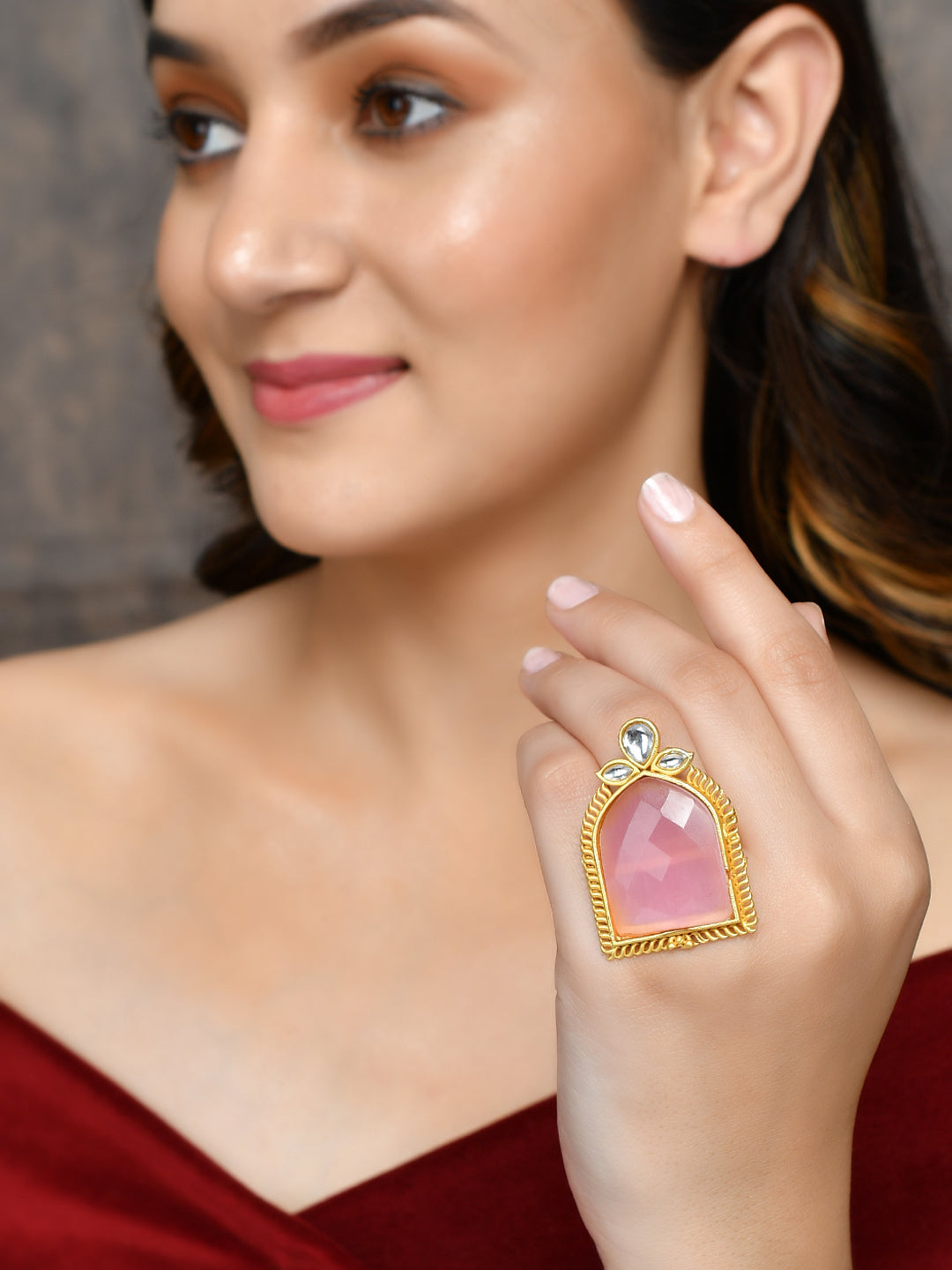 Ethnic Big Pink Quartz Kundan Finger Ring