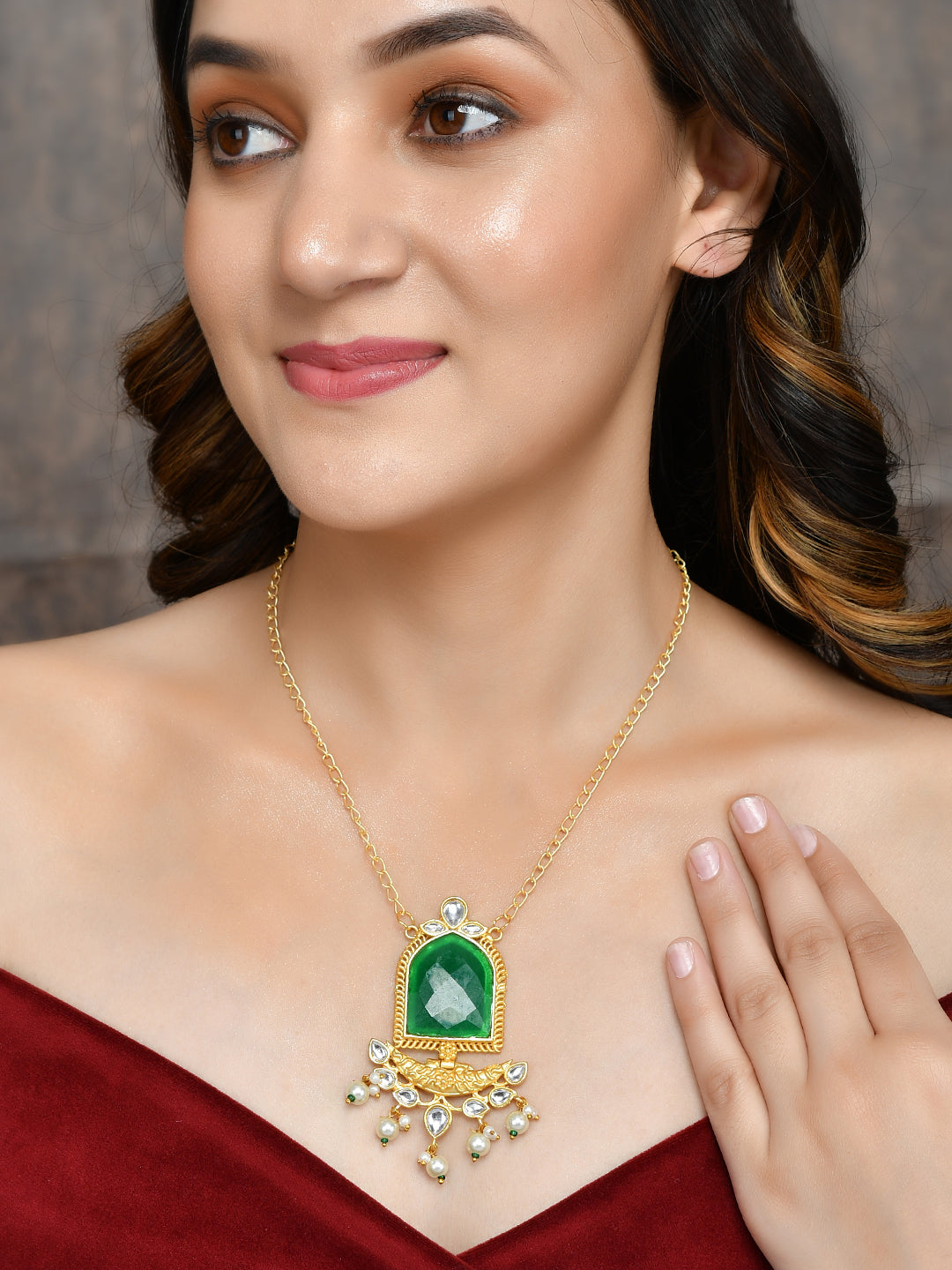 Gold Chain Necklace Large Stone Necklace Jewellery Green Stone