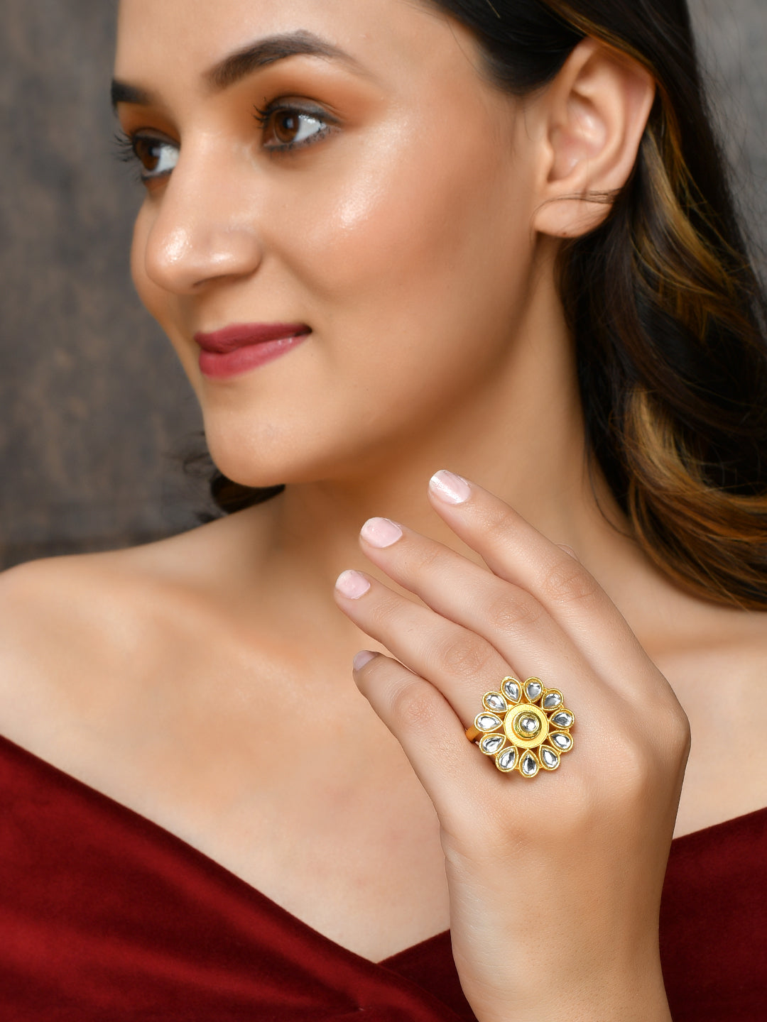 Kundan Floral Ethnic Adjustable Finger Ring