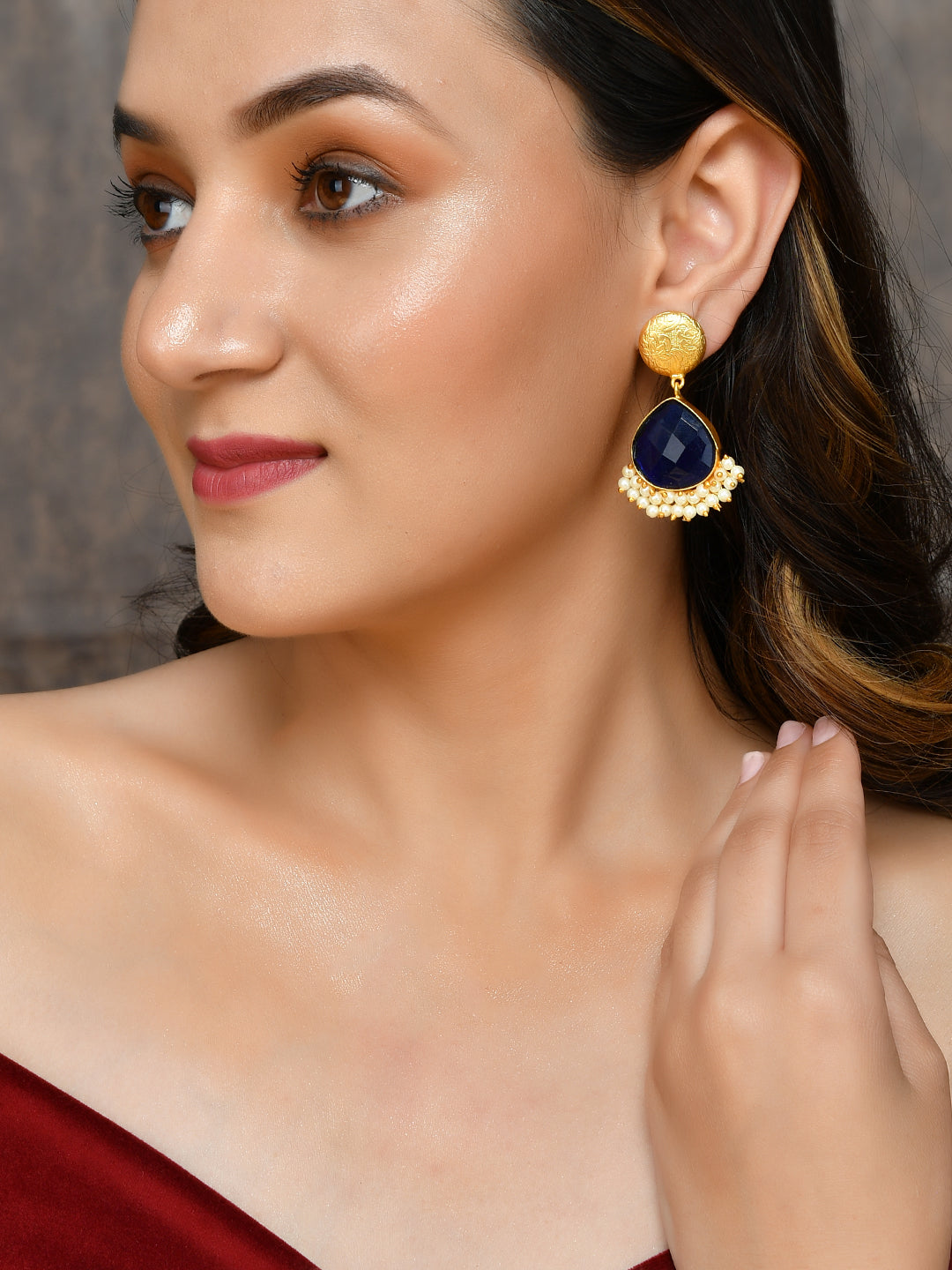 Gold Plated Contemporary Quartz Studded Drop Earrings