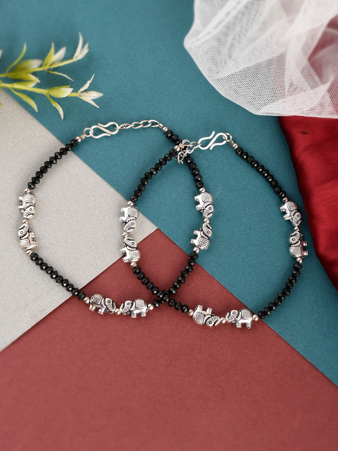Silver Plated Oxidized Black Beads Anklet With Elephant Charm Online