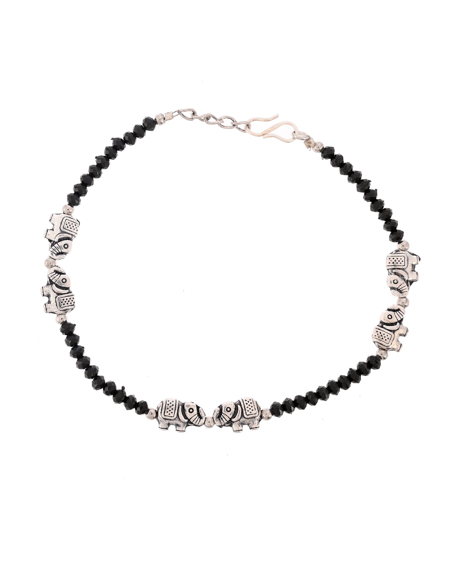Silver Plated oxidized Black Beads Anklet With Elephant Charm