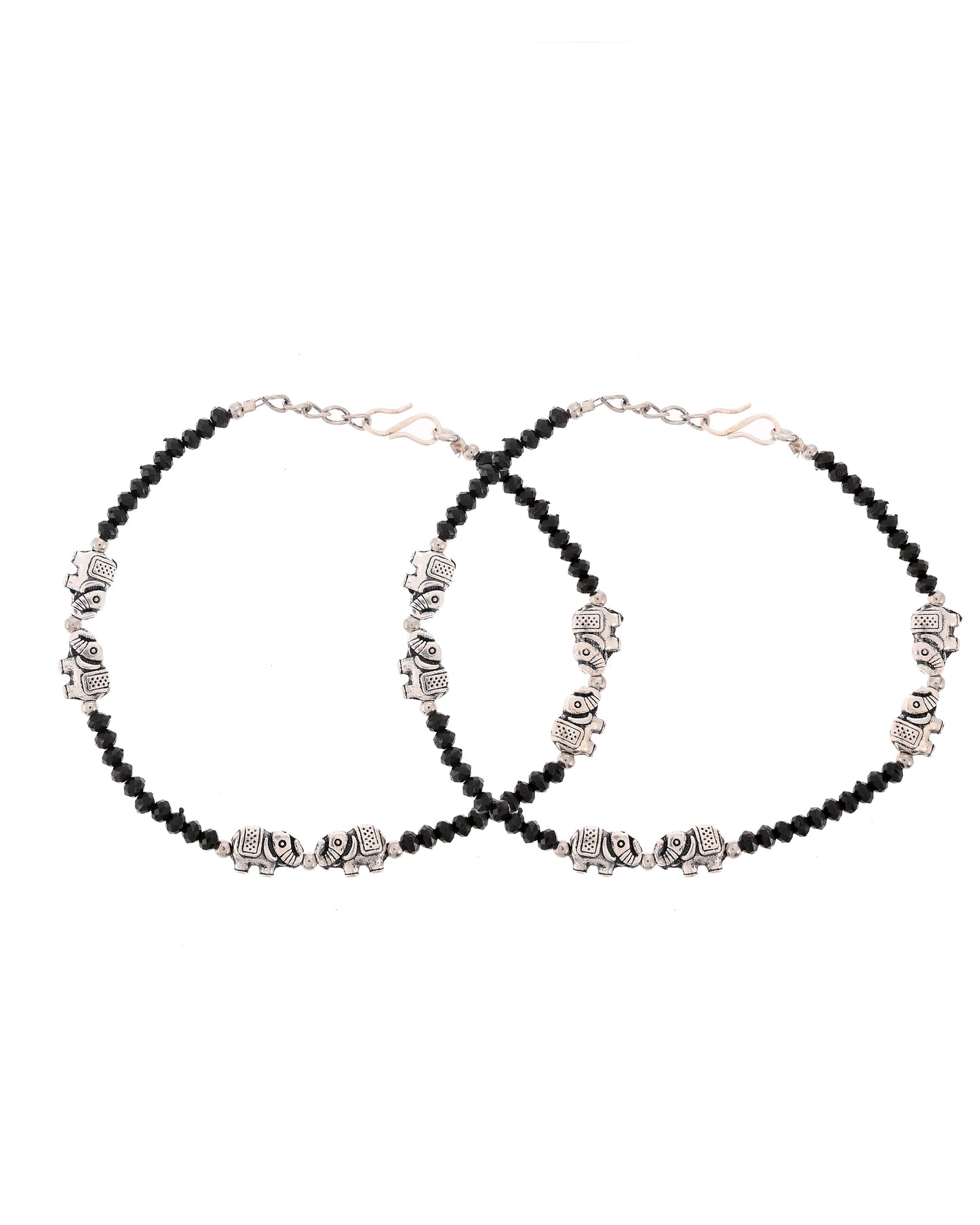 Silver Plated oxidized Black Beads Anklet With Elephant Charm