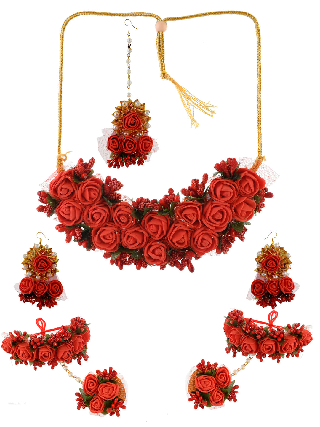 Red Gota Patti Flower Jewellry Set For Haldi Mehndi