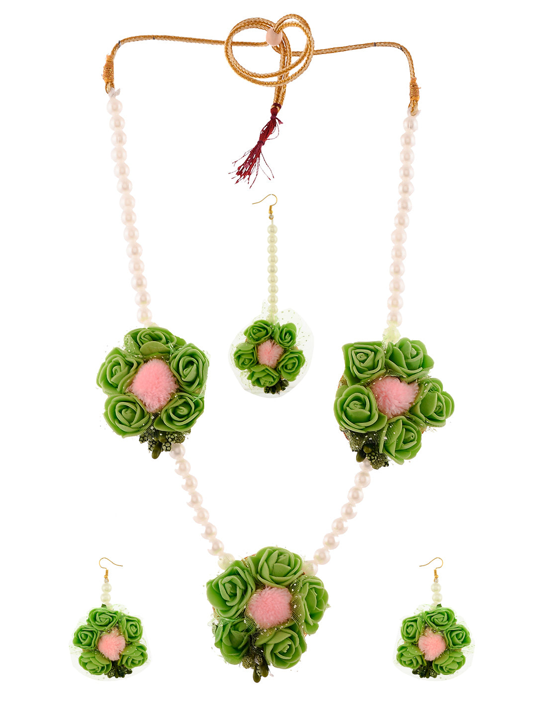 Pink And Green Flower Jewelry Set For Mehndi Haldi Baby Shower