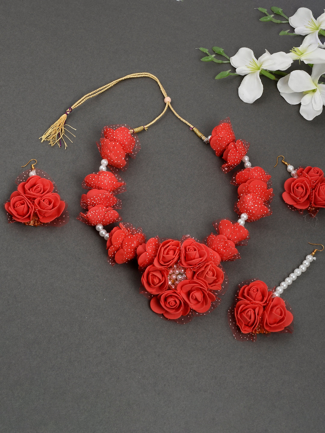 Red Bridal Flower Jewelry Set For Haldi Mehndi Bridal Shower