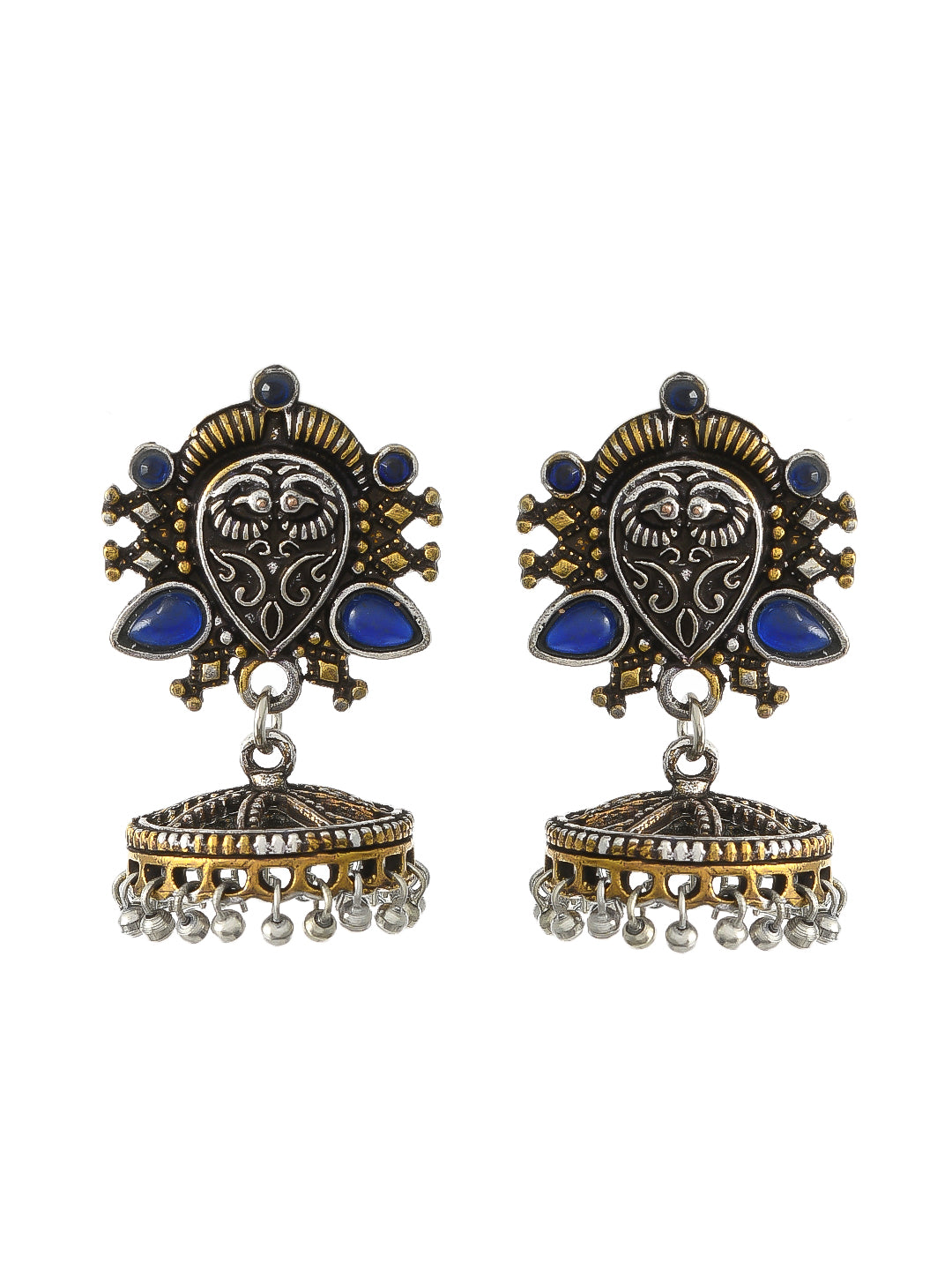 Oxidised Silver Blue Stone Ethnic Jhumka For Girls