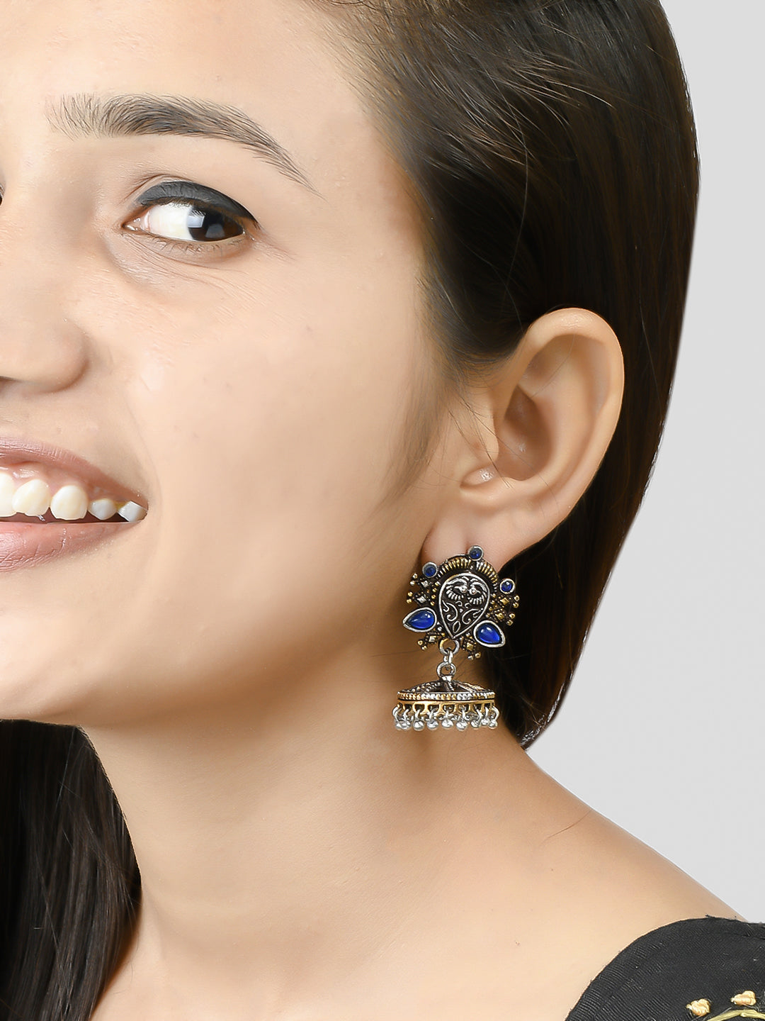 Oxidised Silver Blue Stone Ethnic Jhumka For Girls