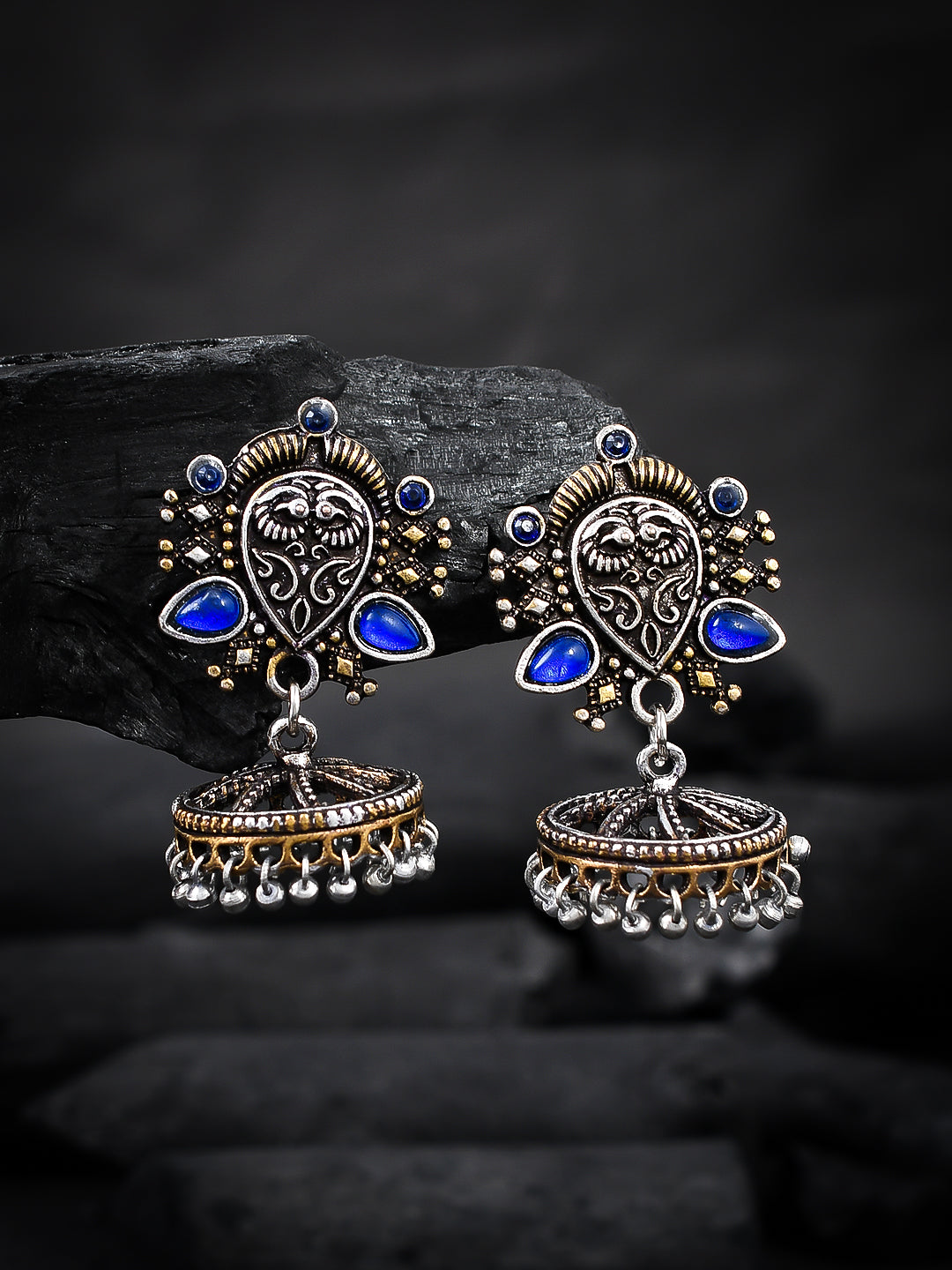 Oxidised Silver Blue Stone Ethnic Jhumka For Girls