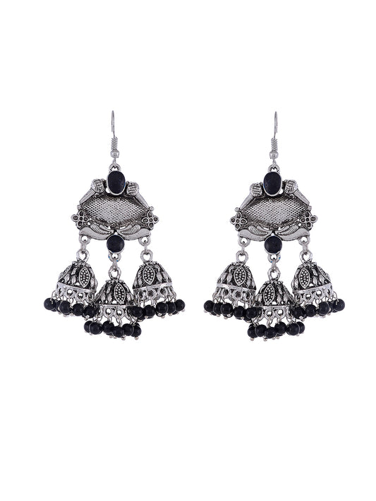 Silver Plated & Black Dome Oxidised Shaped Jhumkas for Women Online