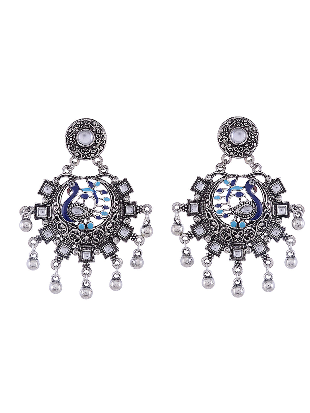 Silver Toned & Blue Peacock Shaped Drop Earrings for Women Online