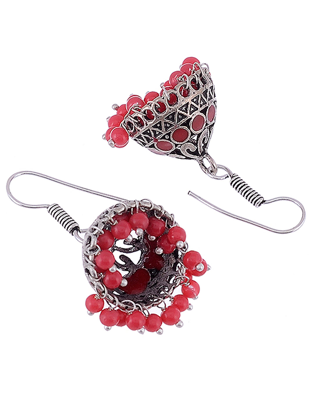 Silver Toned & Red Circular Jhumkas Earrings for Women Online