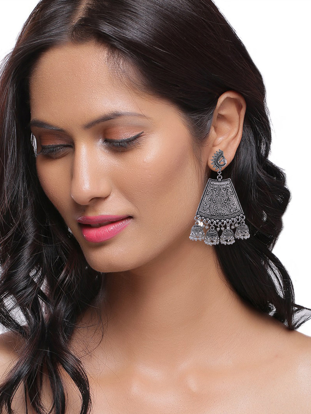 Silver Plated Oxidised Indian Peacock Jhumka For Women