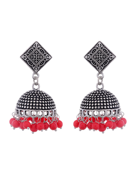 Red Beads Ethnic Oxidised Jhumka - Earrings for Women Online