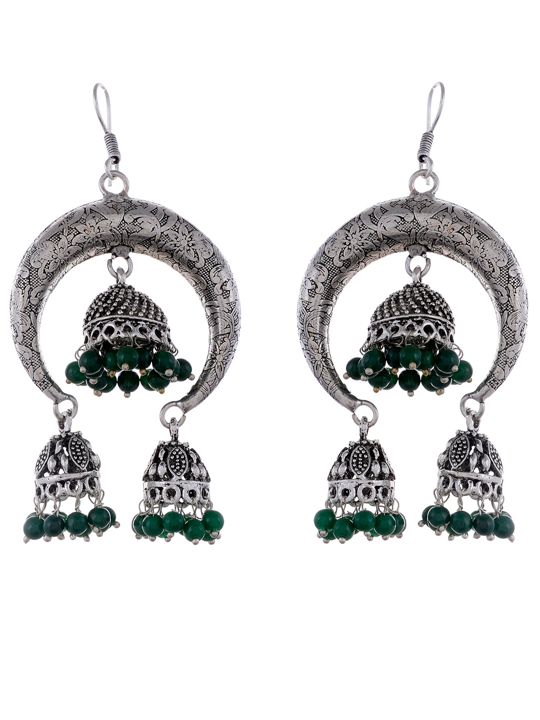 Silver Plated & Green Dome Shaped Classic Jhumkas for Women Online