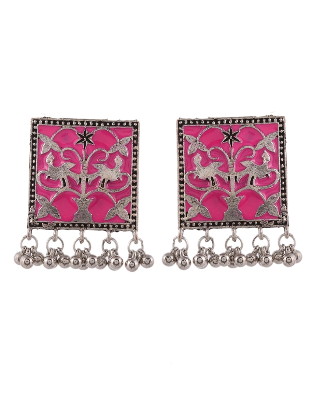 Women Silver Plated Pink Oxidized Classic Drop Earrings