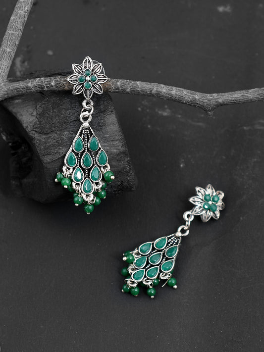 Drop Earrings With Green Beads and Oxidized Look for Women Online