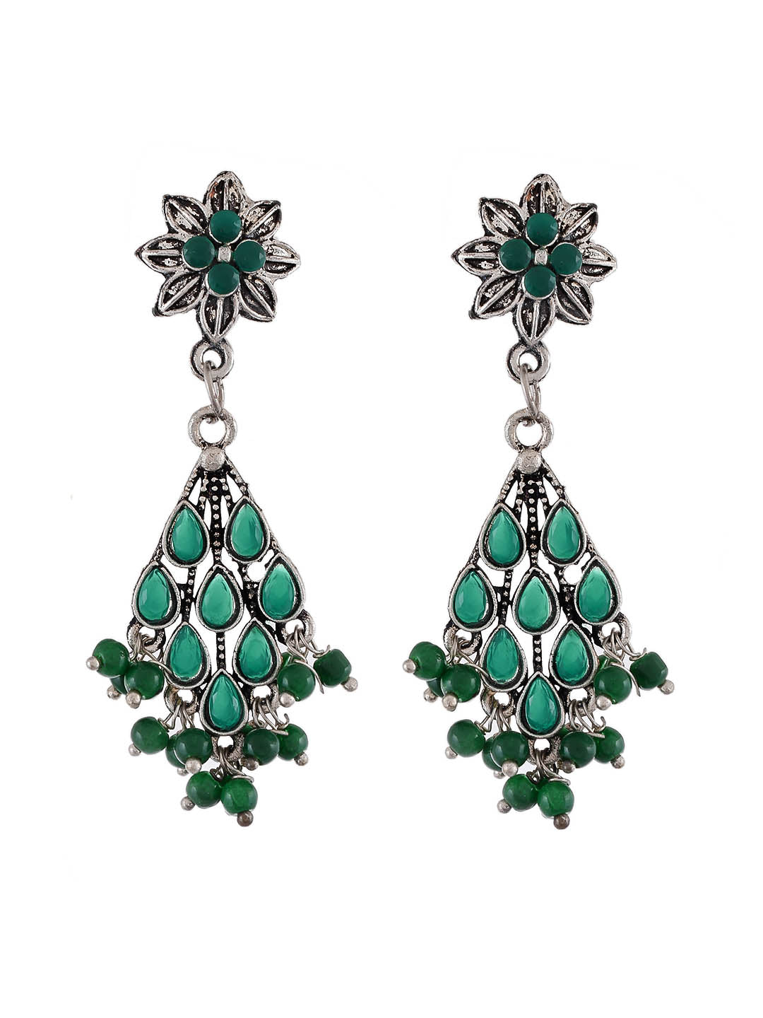 Drop Earrings With Green Beads And Oxidized Look