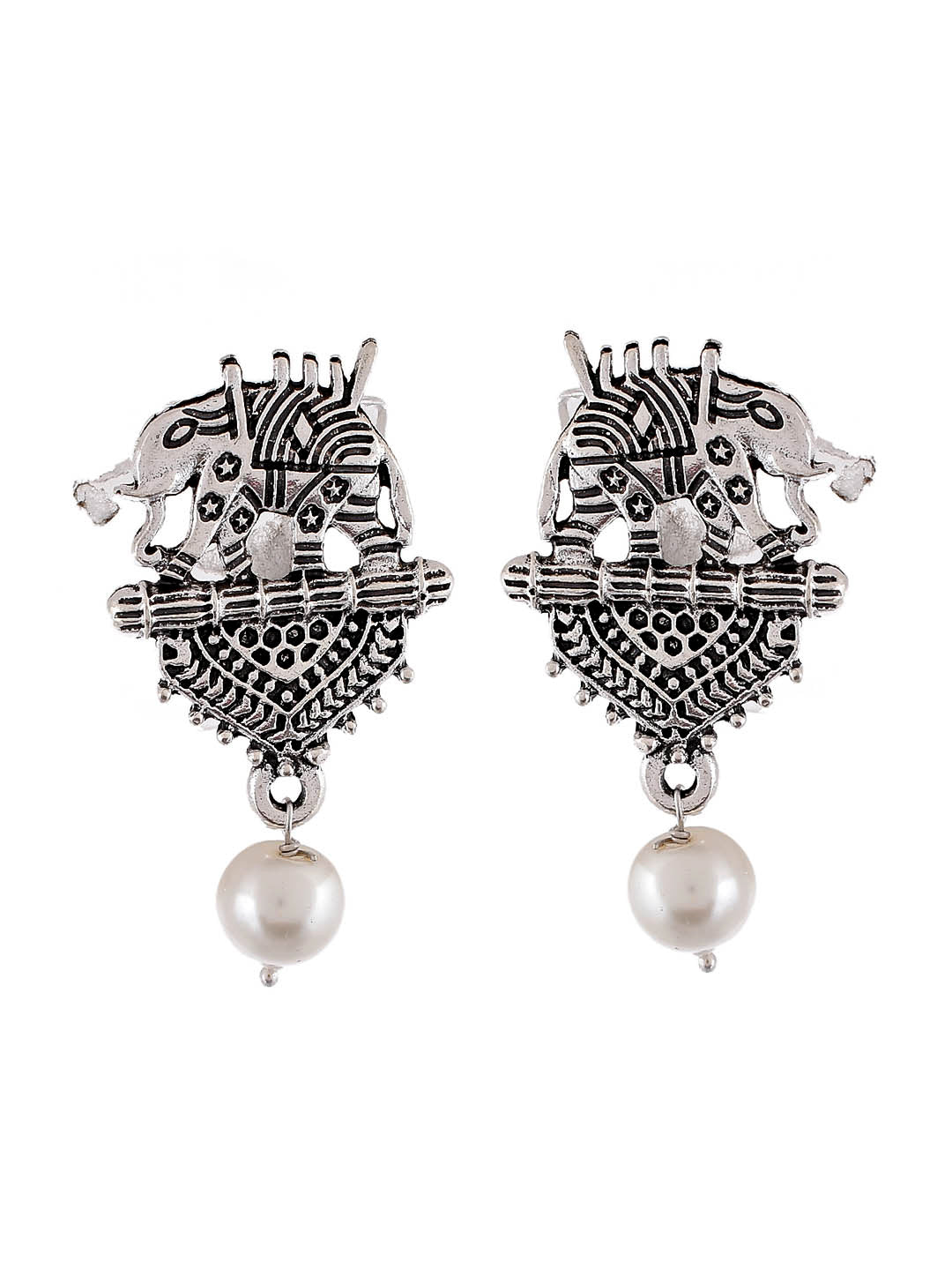 Silver Plated Pearl Drop Oxidized Earrings For Women