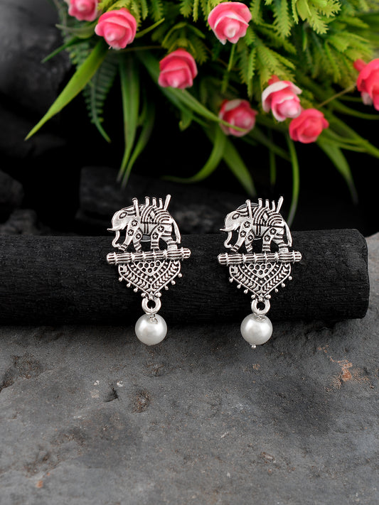 Silver Plated Pearl Drop Oxidized Elephant Earrings for Women Online
