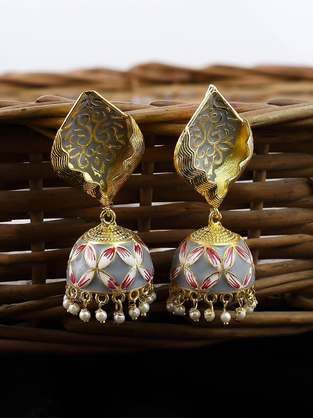 Grey Meenakari Jhumka Earrings for Women Online