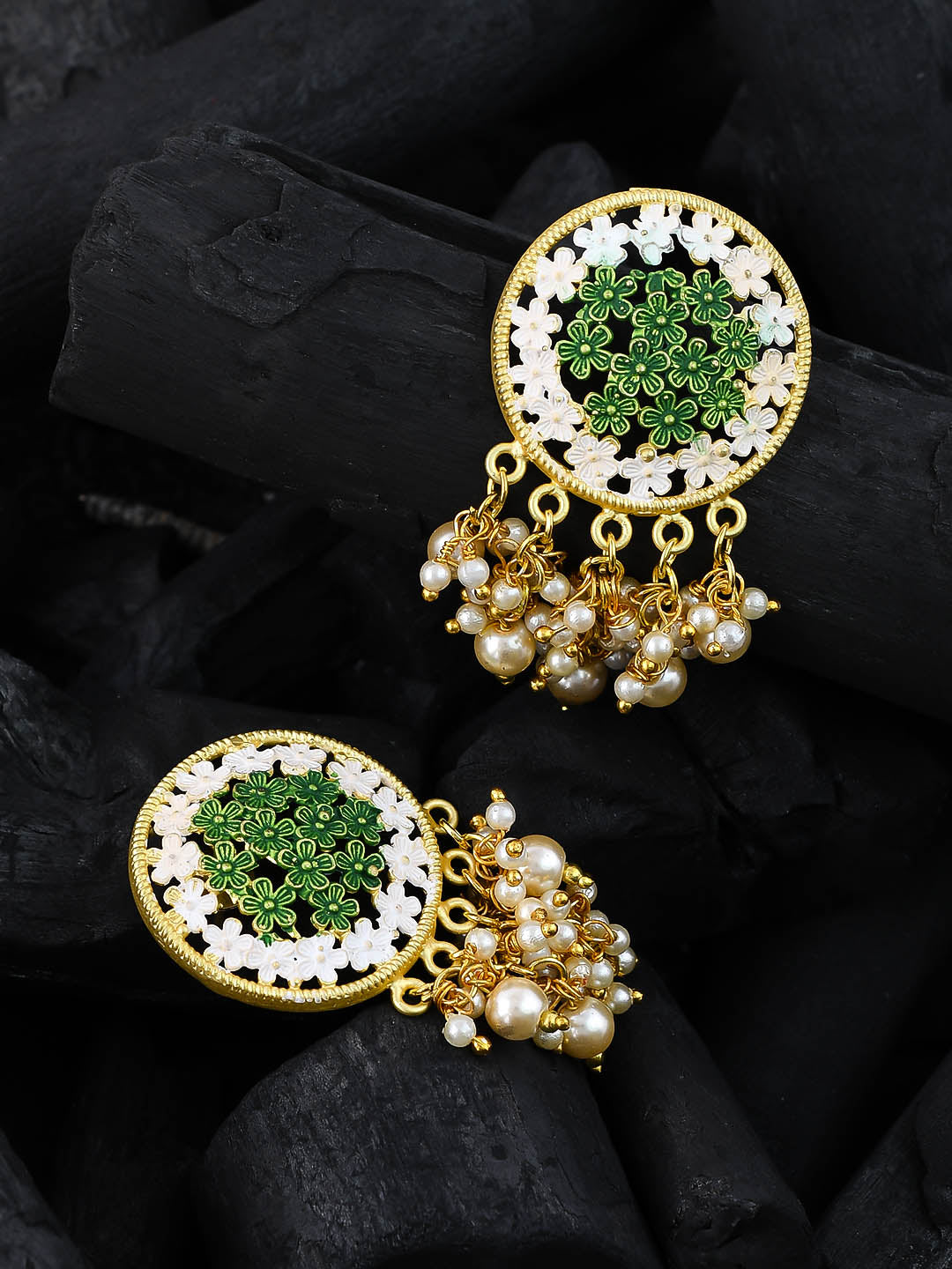 Gold Plated Enamelled Earrings With Pearl