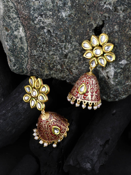 Golden Red Kundan Earrings for Ladies - Earrings for Women Online