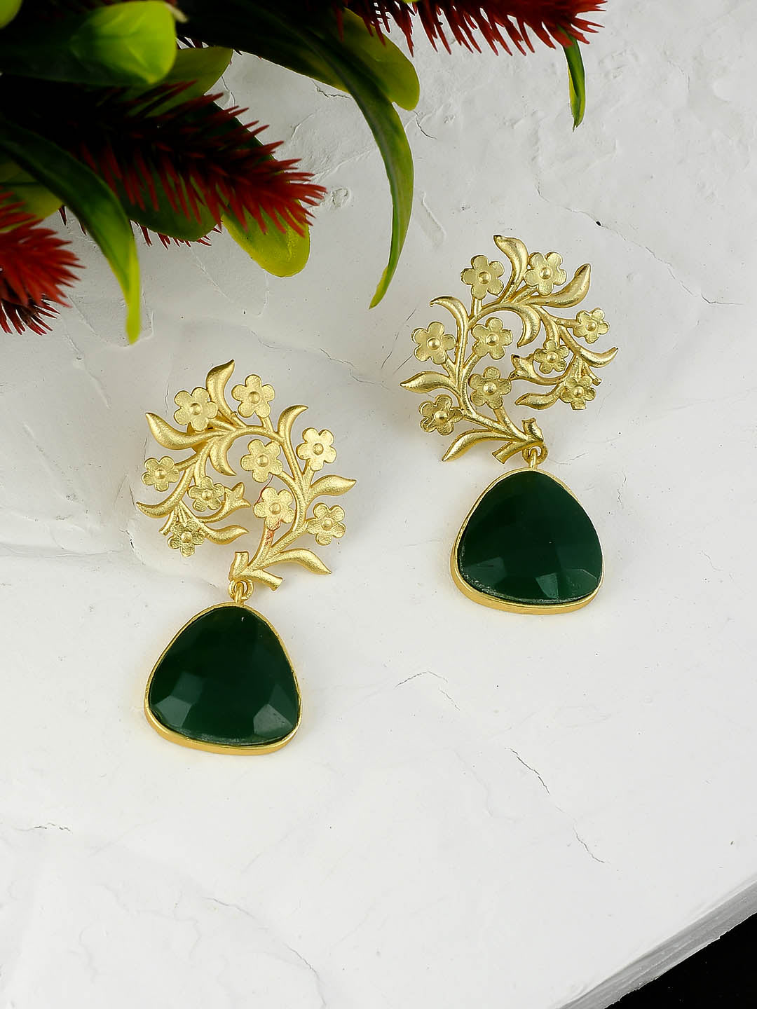 Gold Plated Stone Studded Drop Earrings