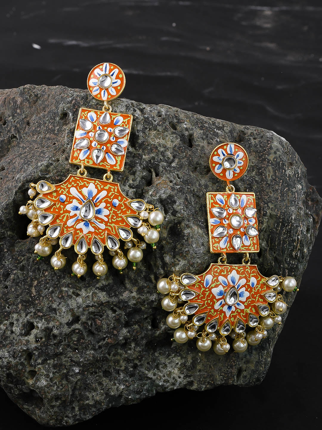 Crystal Beaded Bunch Ear Danglers In Orange 2 - i9 Fashion