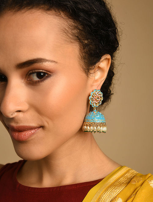 Indian Designer Golden Crystals Pearl Beads Stylish Earrings #57173 | Buy Jhumka  Earrings Online