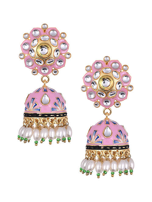 Golden Touch Gulabi Pink Blue Jhumka Earrings