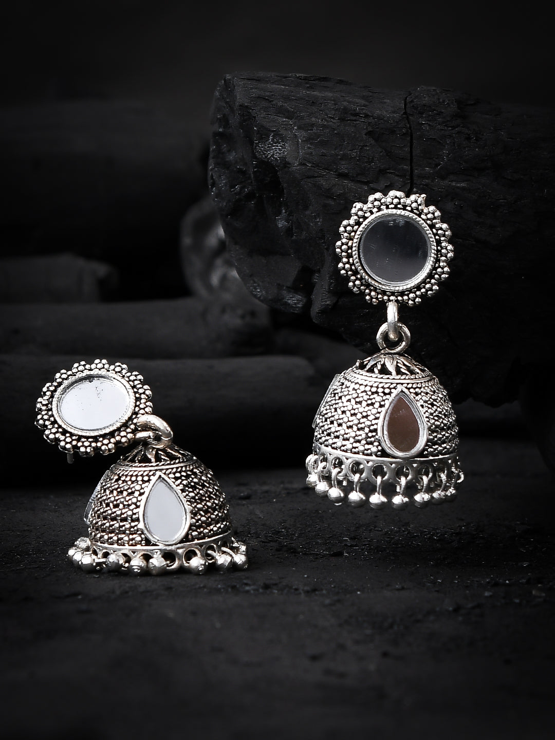 Oxidized Silver Plated Mirror Jhumka Earrings for Women Online